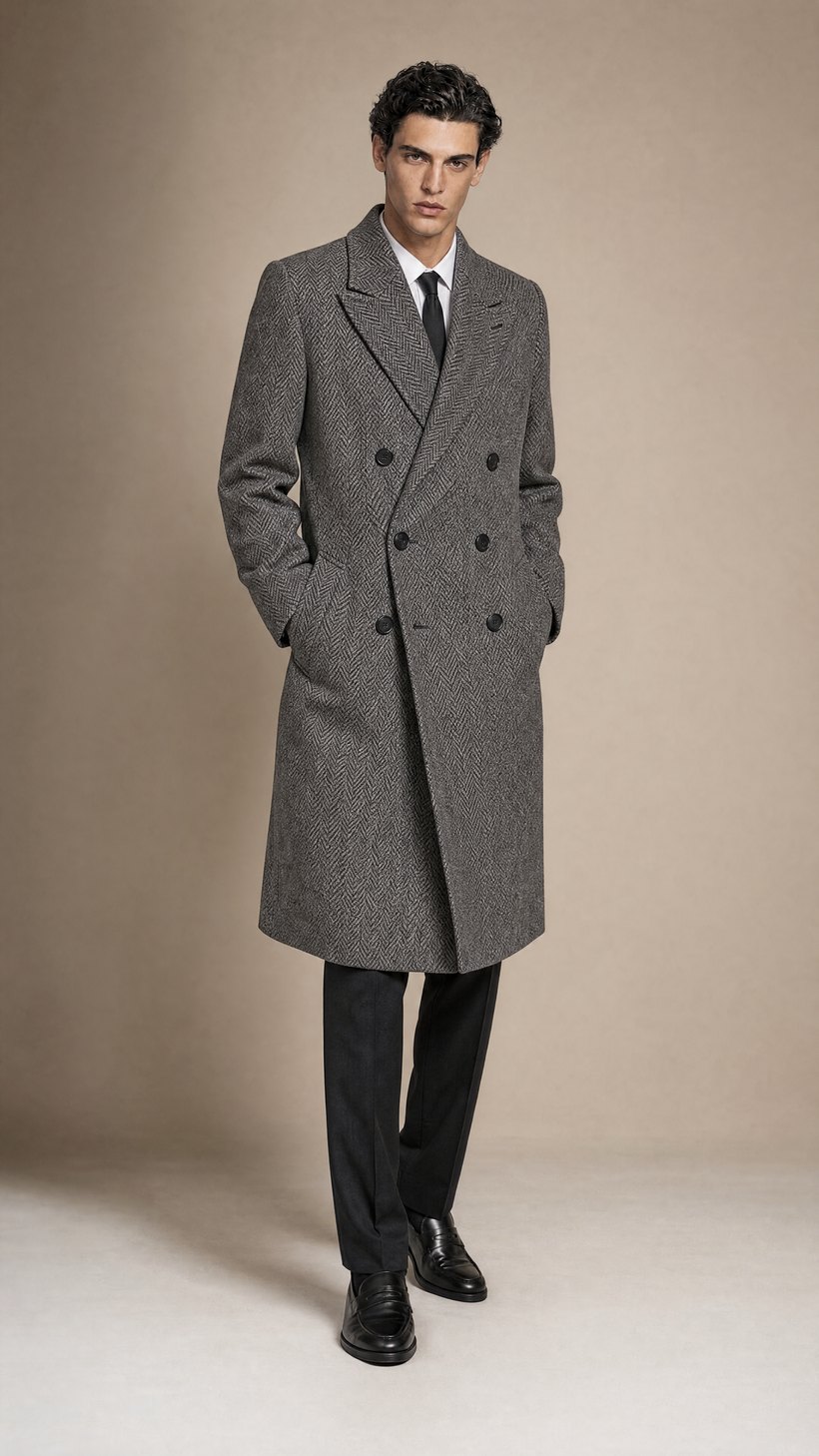 Grey Herringbone Double-Breasted Overcoat — Premium European herringbone wool