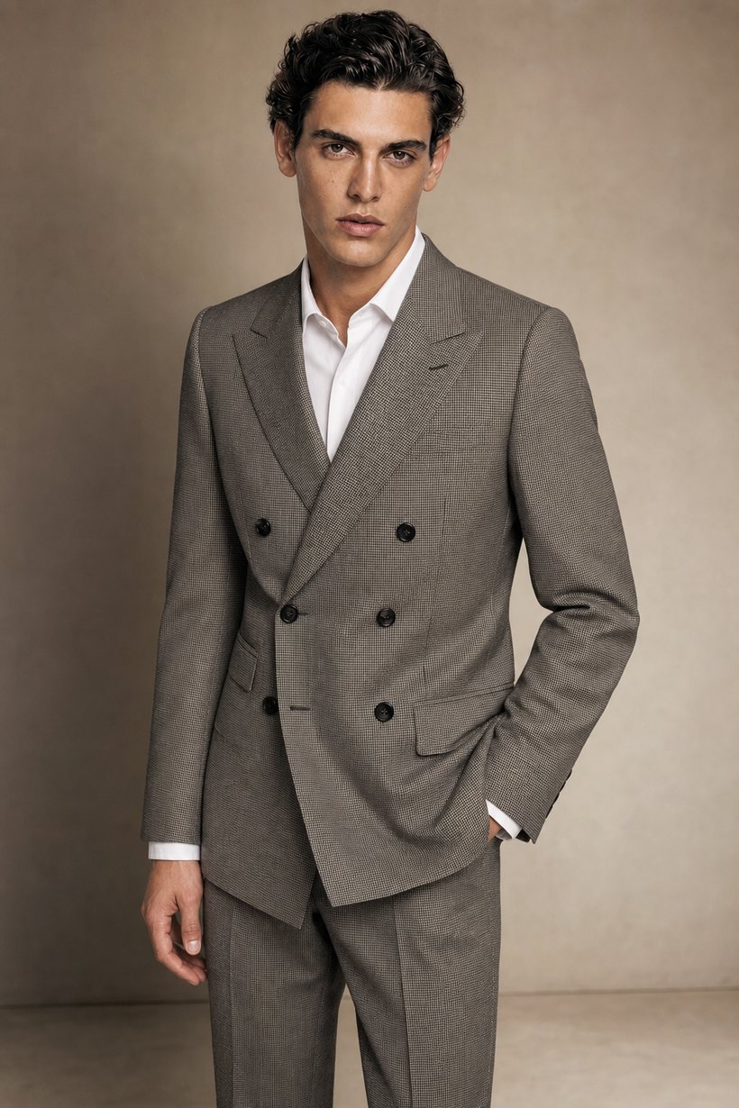 Grey Micro-Check Double-Breasted Suit — front styling