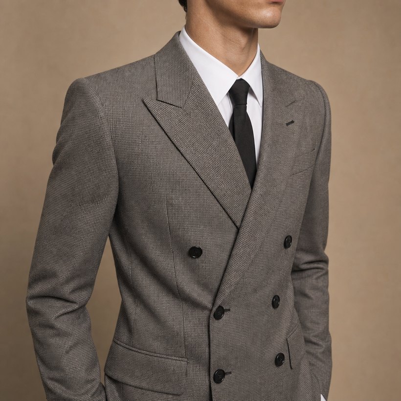 Grey Micro-Check Double-Breasted Suit — lapel and collar detail