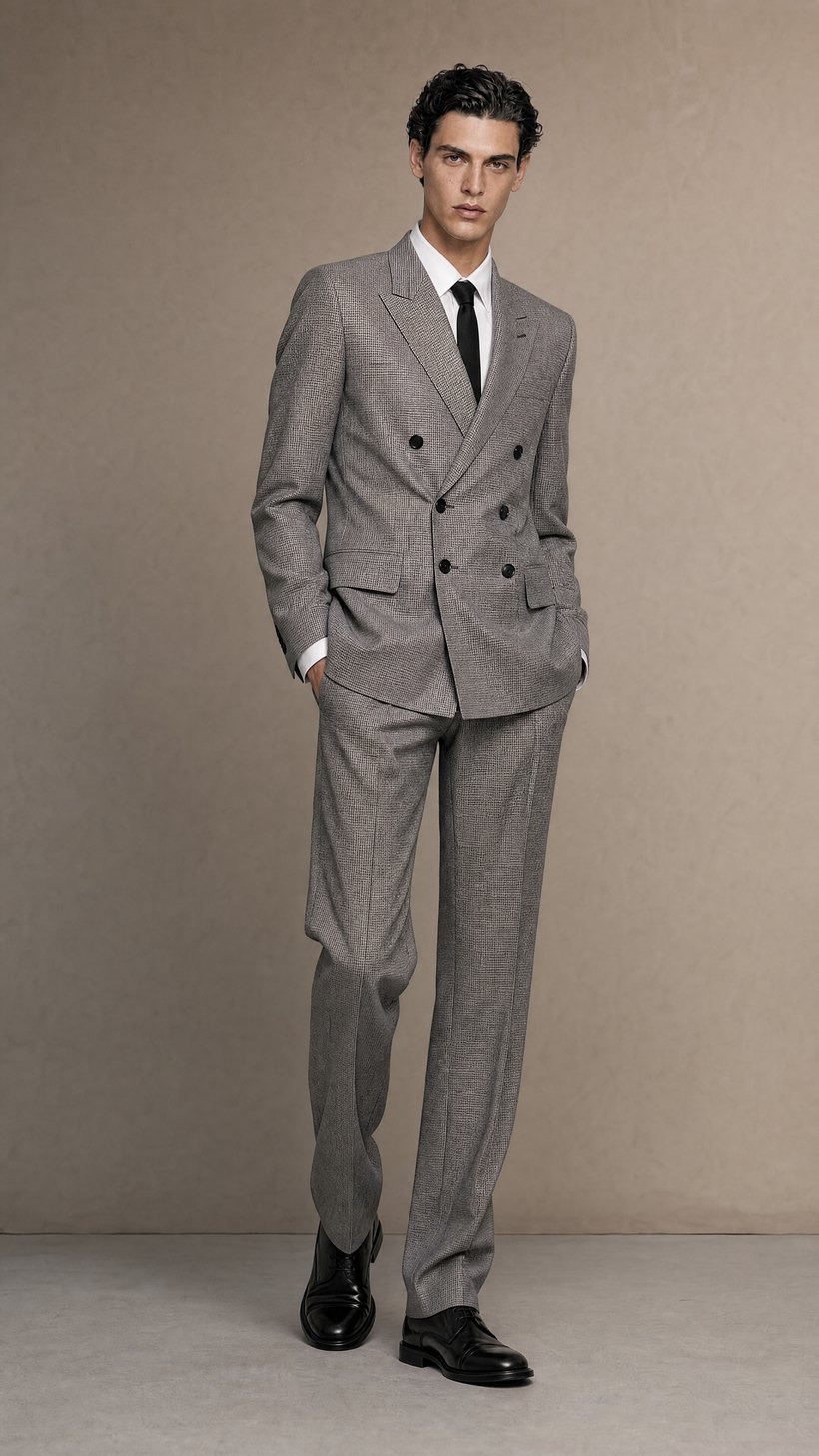 Grey Micro-Check Double-Breasted Suit — Micro-check European wool