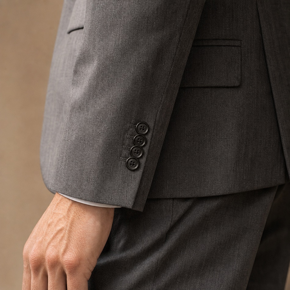Slim Grey Single-Breasted Wool Suit — fabric close-up