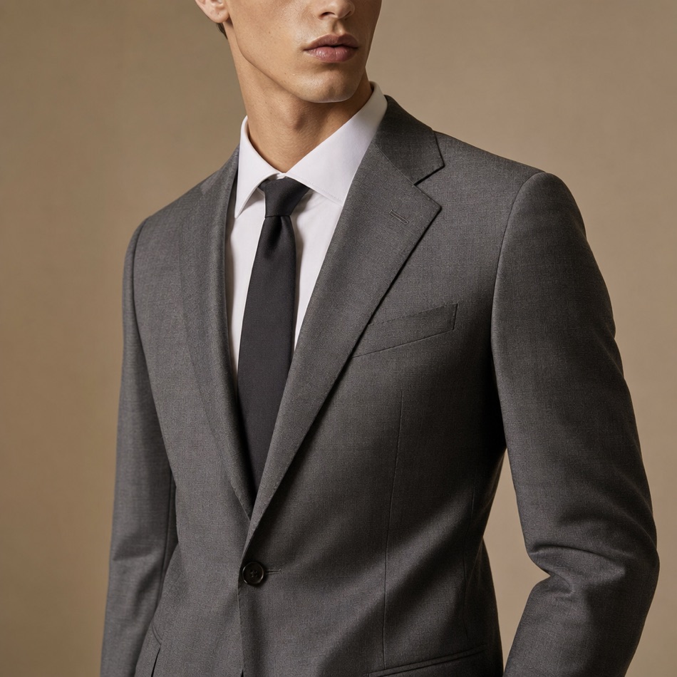 Slim Grey Single-Breasted Wool Suit — lapel and collar detail