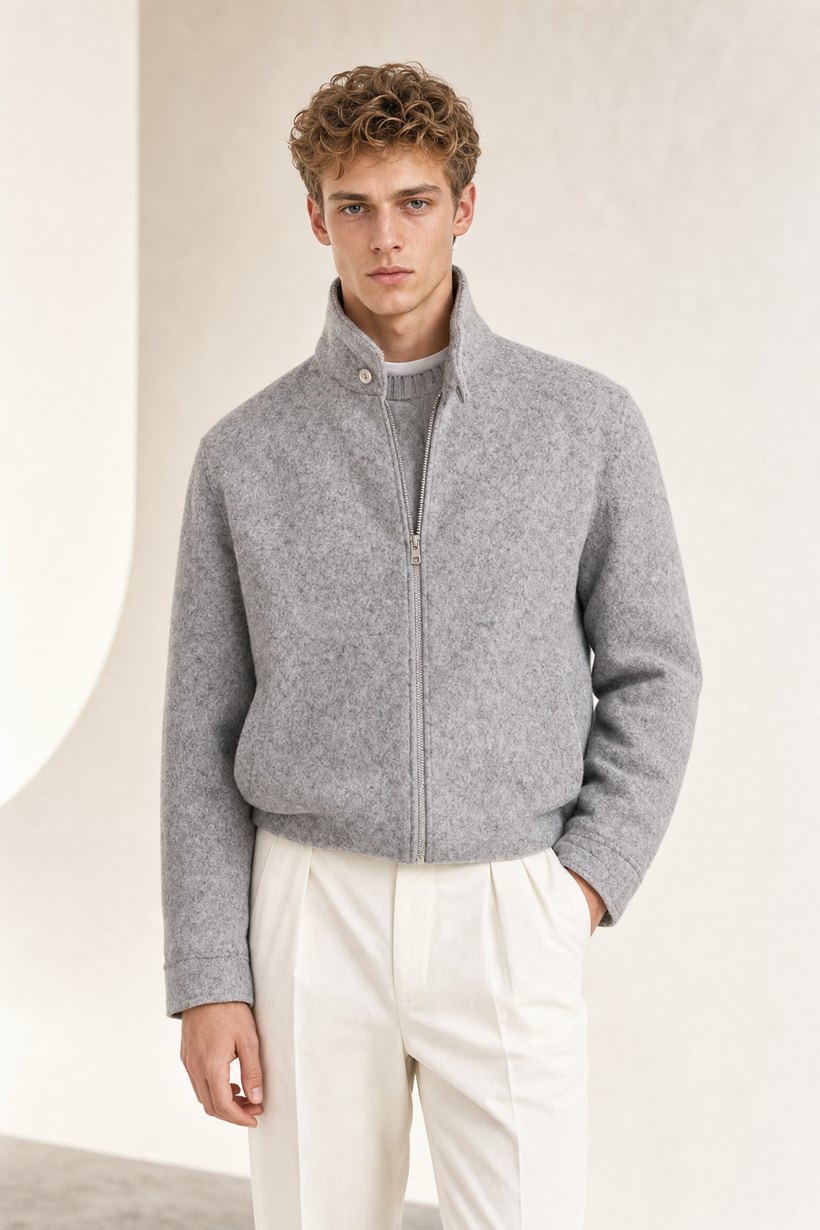 Grey Wool-Polyester Blazer — lapel and collar detail