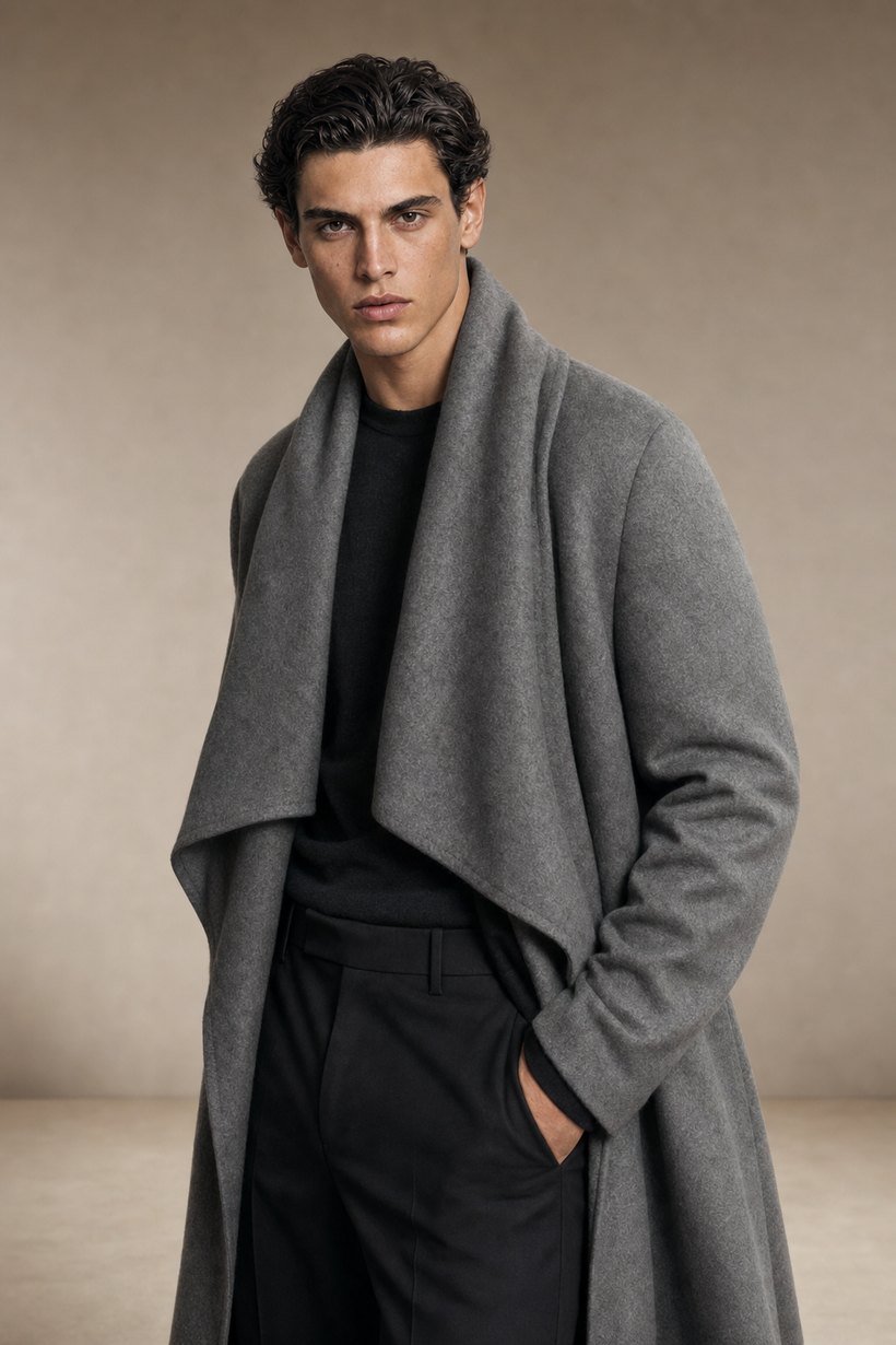Grey Wrap Collar Overcoat — front styling