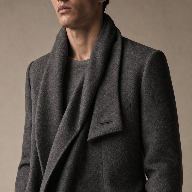Grey Wrap Collar Overcoat — lapel and collar detail