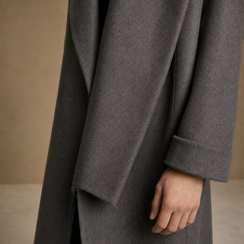 Grey Wrap Collar Overcoat — fabric close-up