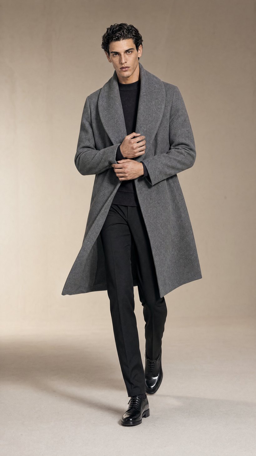 Grey Wrap Collar Overcoat — construction detail