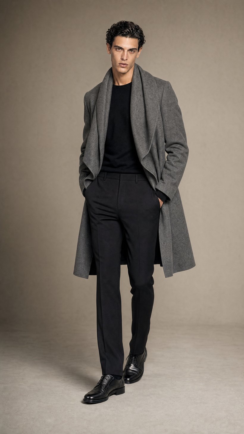 Grey Wrap Collar Overcoat — Biella wool
