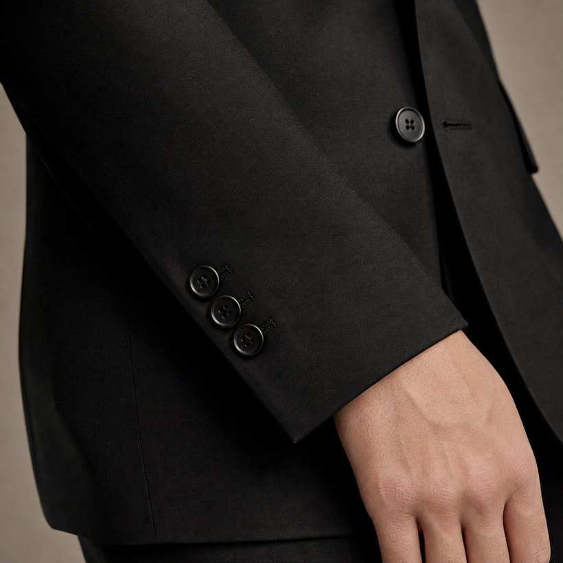 Jet-Black Three-Button Slim Suit — fabric close-up