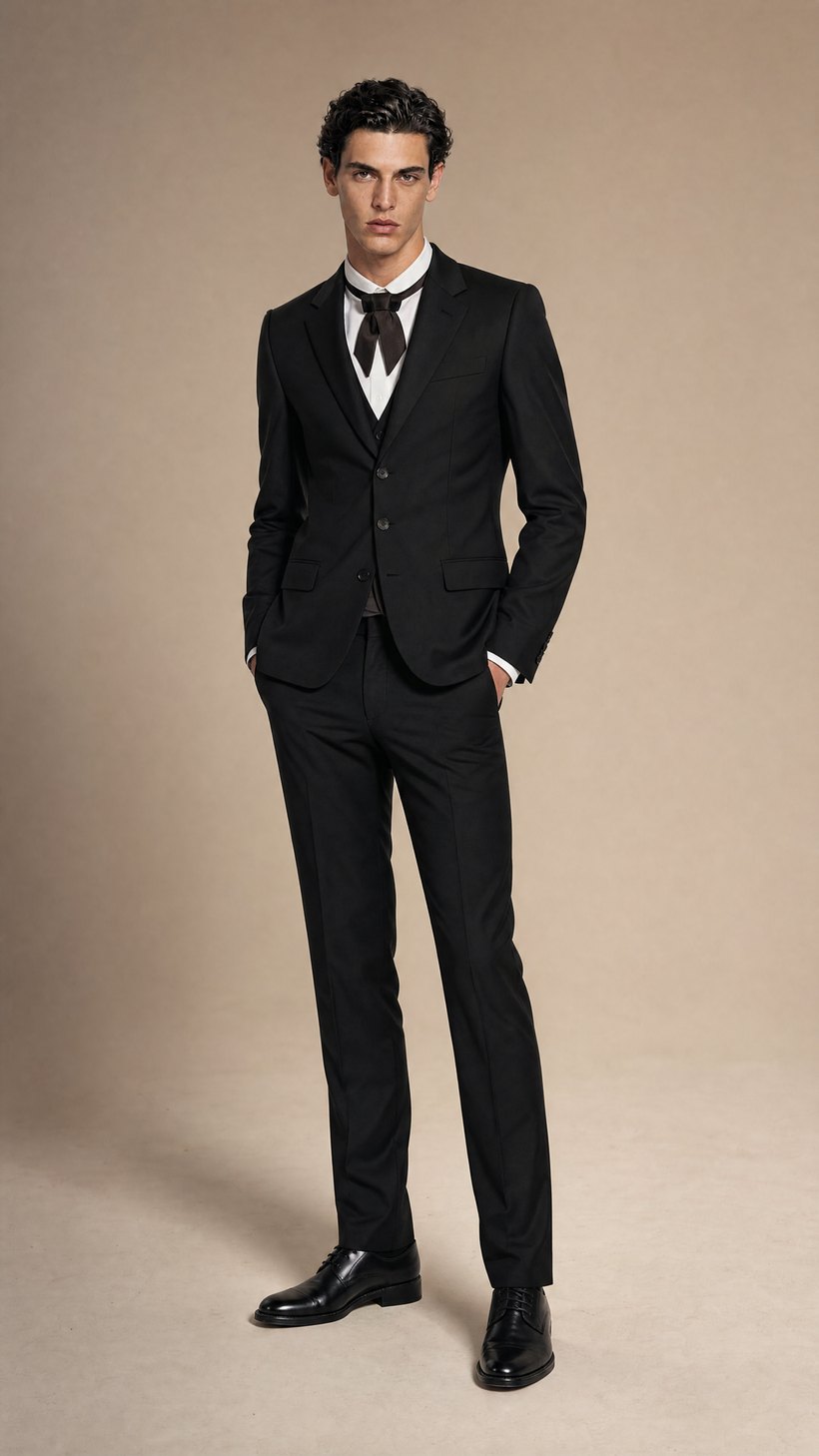 Jet-Black Three-Button Slim Suit — European Wool