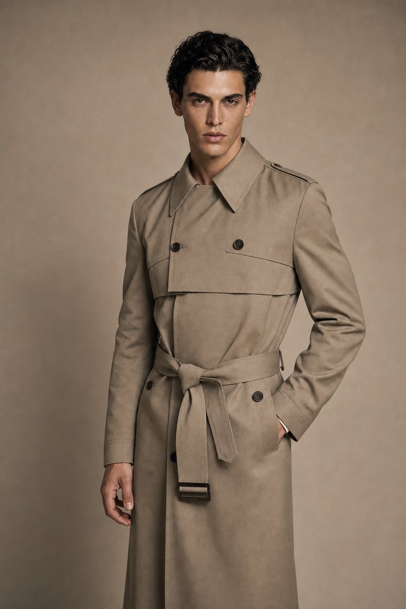 Khaki Belted Double-Breasted Trench Coat — front styling