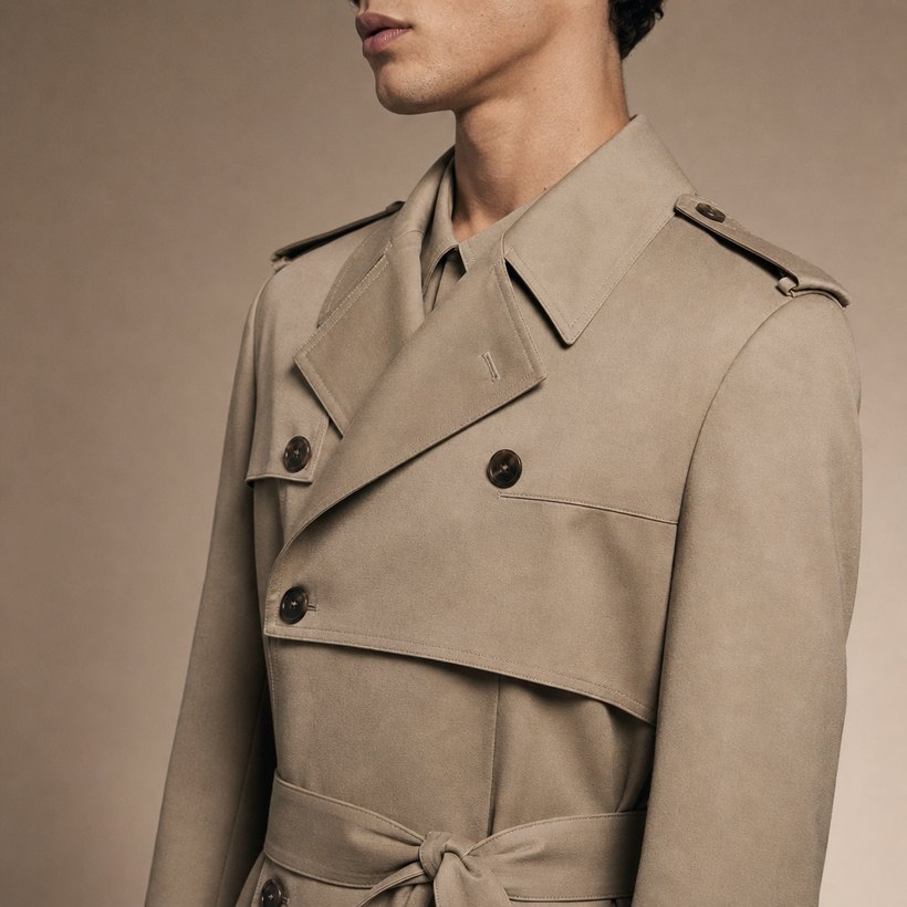Khaki Belted Double-Breasted Trench Coat — lapel and collar detail