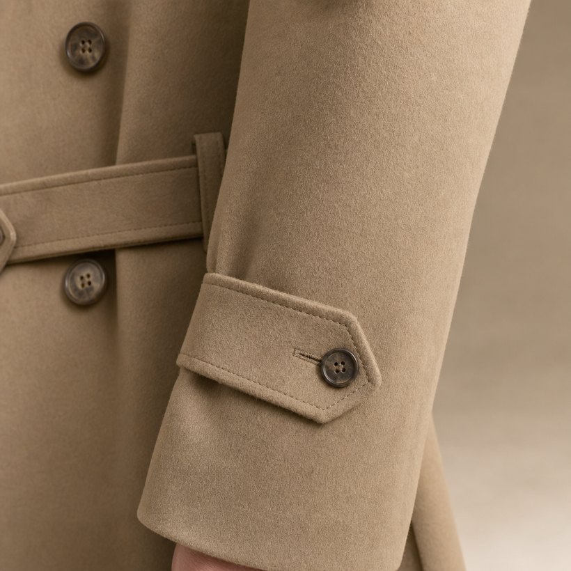 Khaki Belted Double-Breasted Trench Coat — fabric close-up