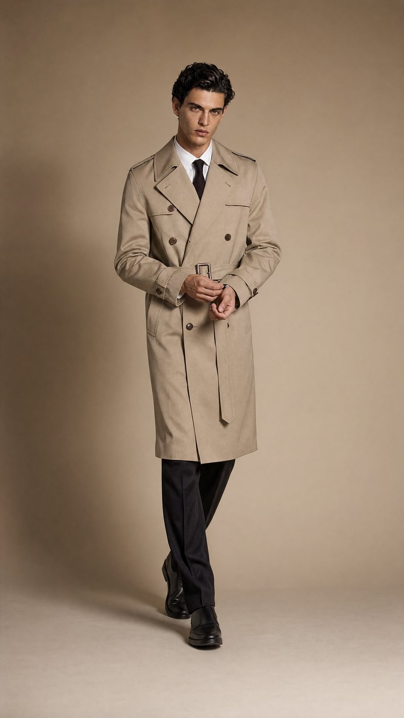Khaki Belted Double-Breasted Trench Coat — construction detail
