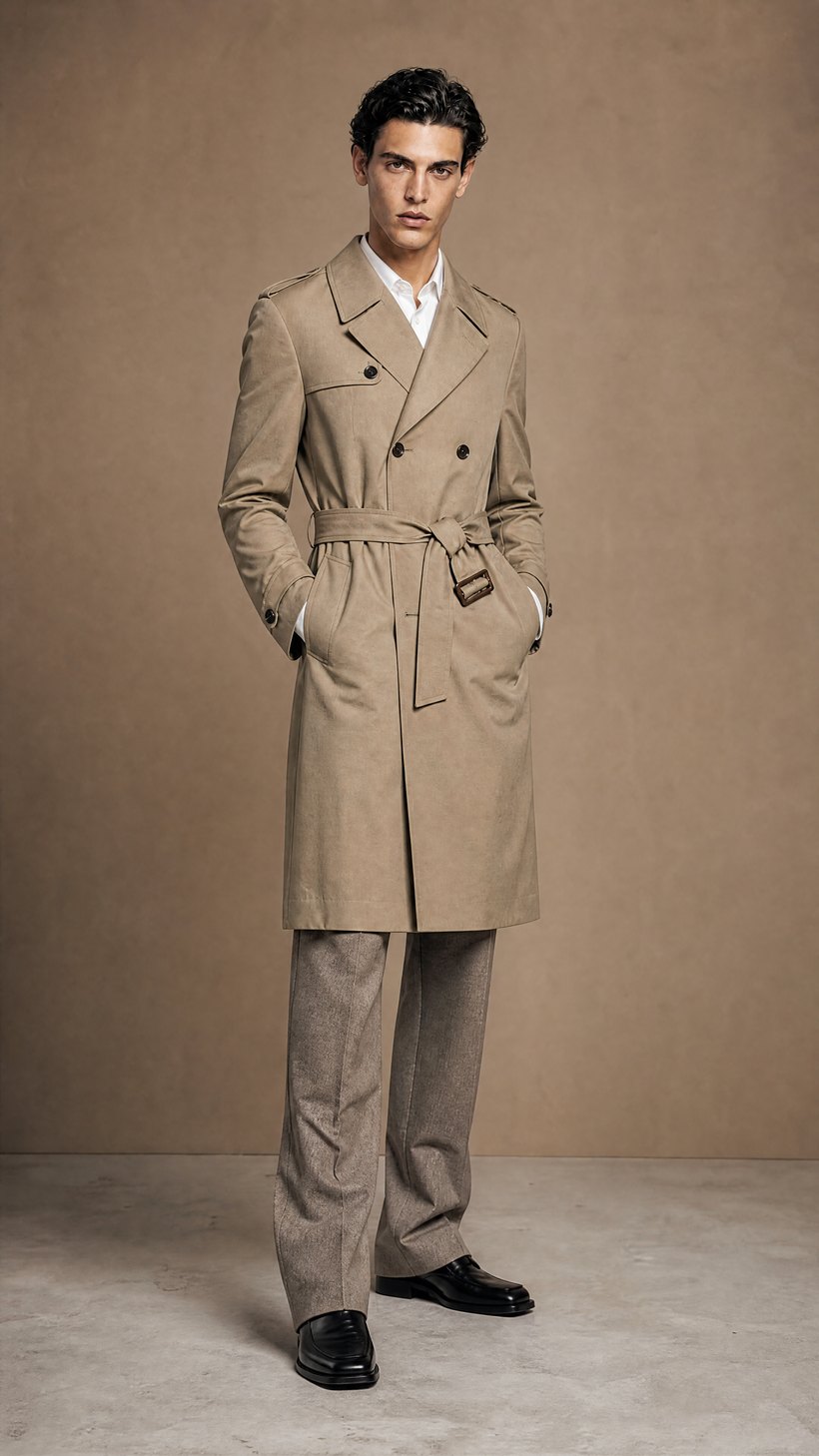 Khaki Belted Double-Breasted Trench Coat — dense European cotton