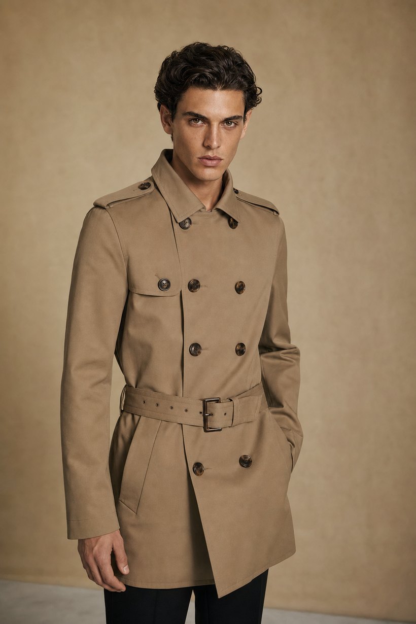 Khaki Double-Breasted Belted Trench Coat — front styling