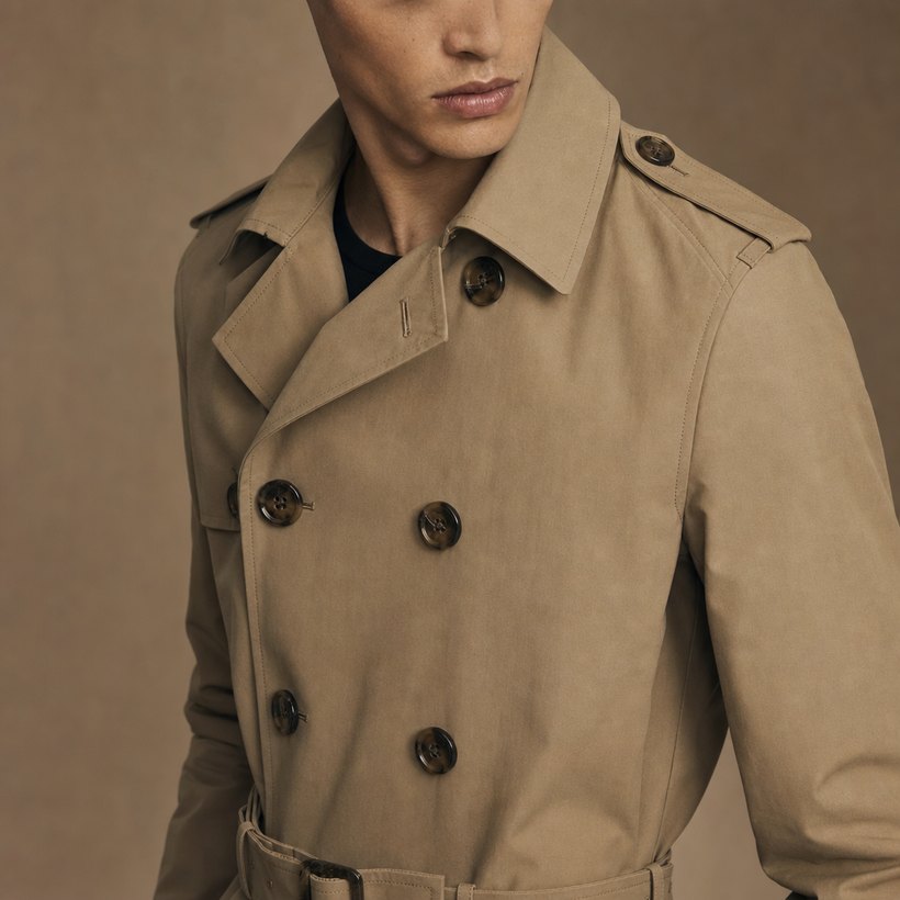 Khaki Double-Breasted Belted Trench Coat — lapel and collar detail