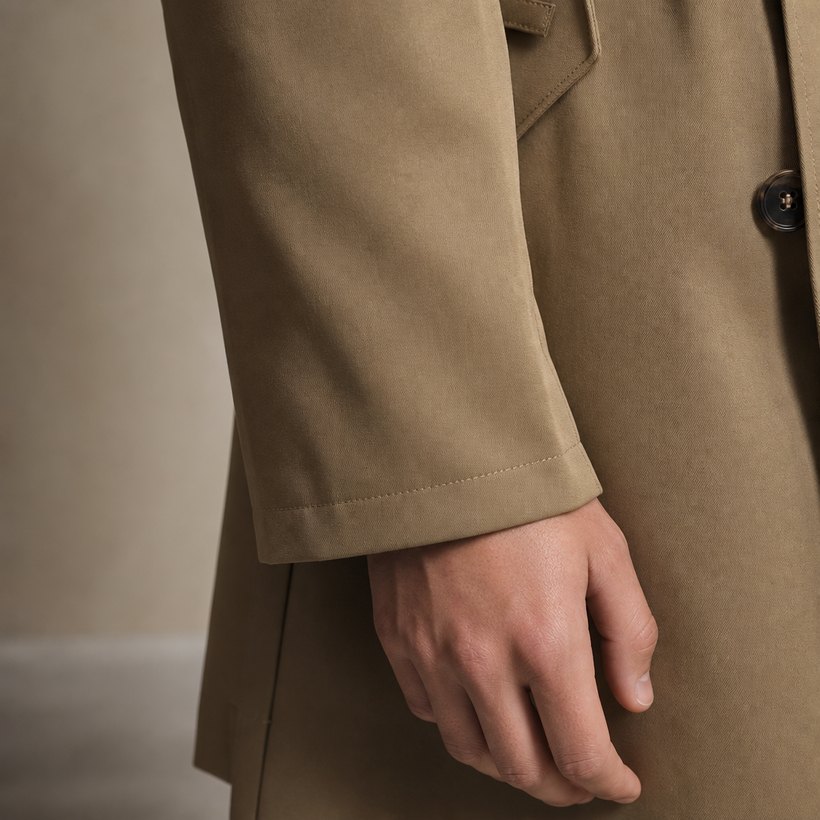 Khaki Double-Breasted Belted Trench Coat — fabric close-up