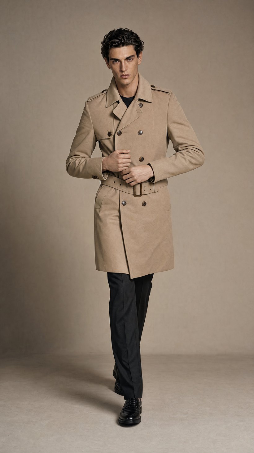 Khaki Double-Breasted Belted Trench Coat — construction detail