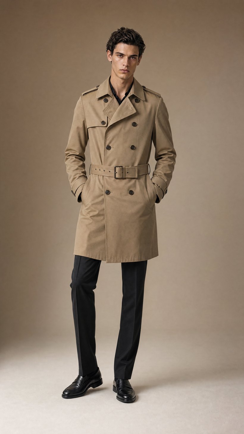Khaki Double-Breasted Belted Trench Coat — Cotton gabardine