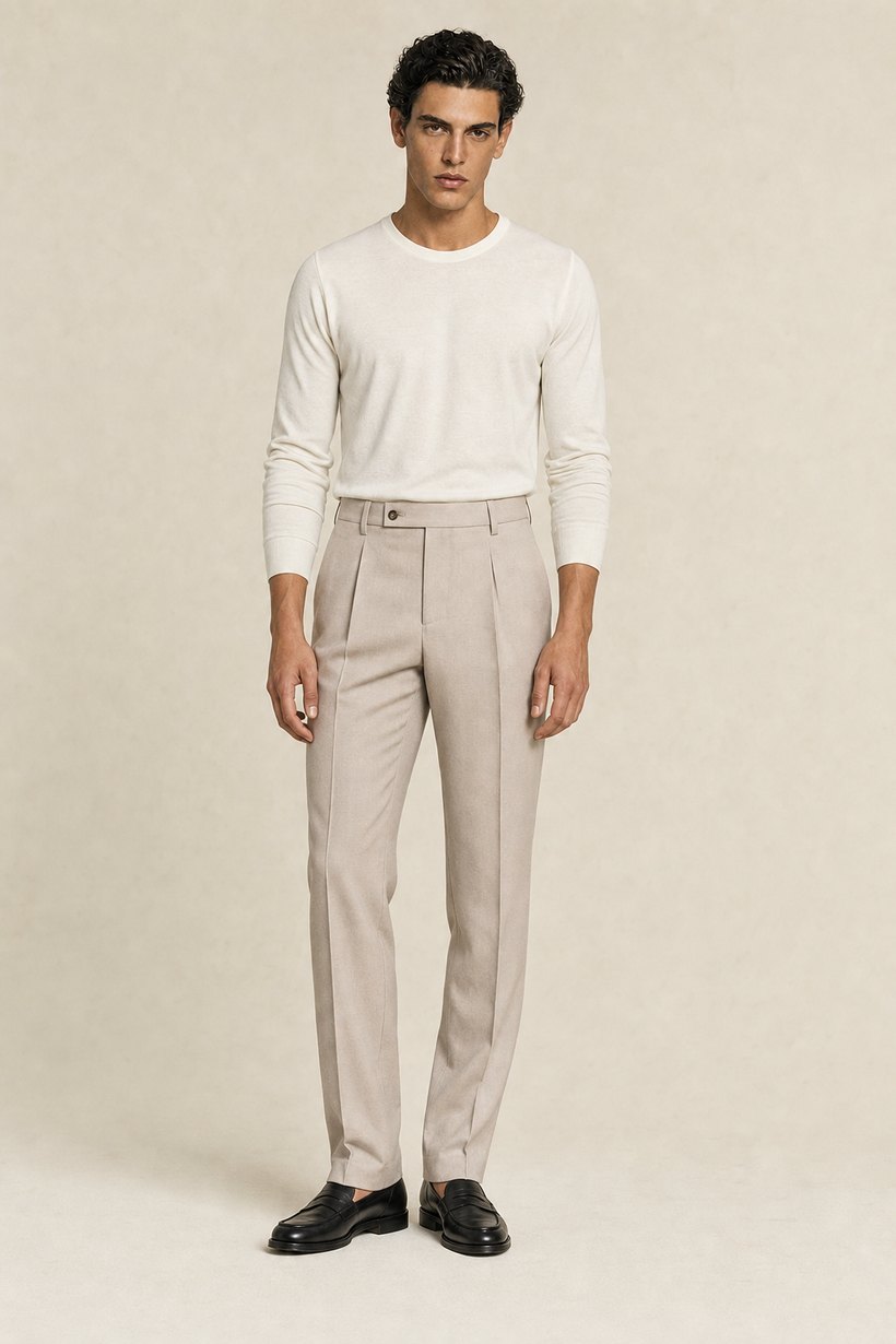 Khaki Wool Blend Trousers — Wool Blend