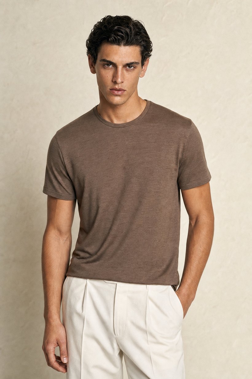 Light Blue Linen-Lyocell T-Shirt — front styling