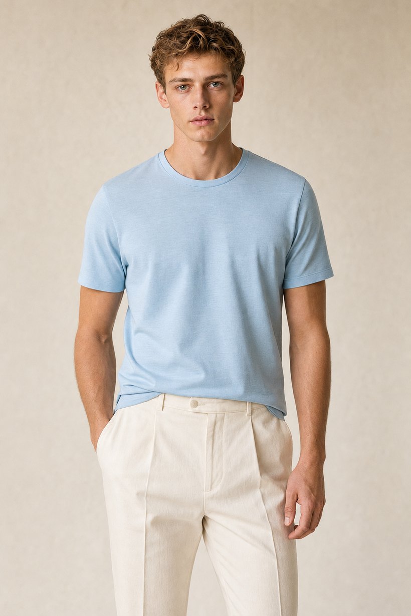 Light Blue Linen-Lyocell T-Shirt — lapel and collar detail