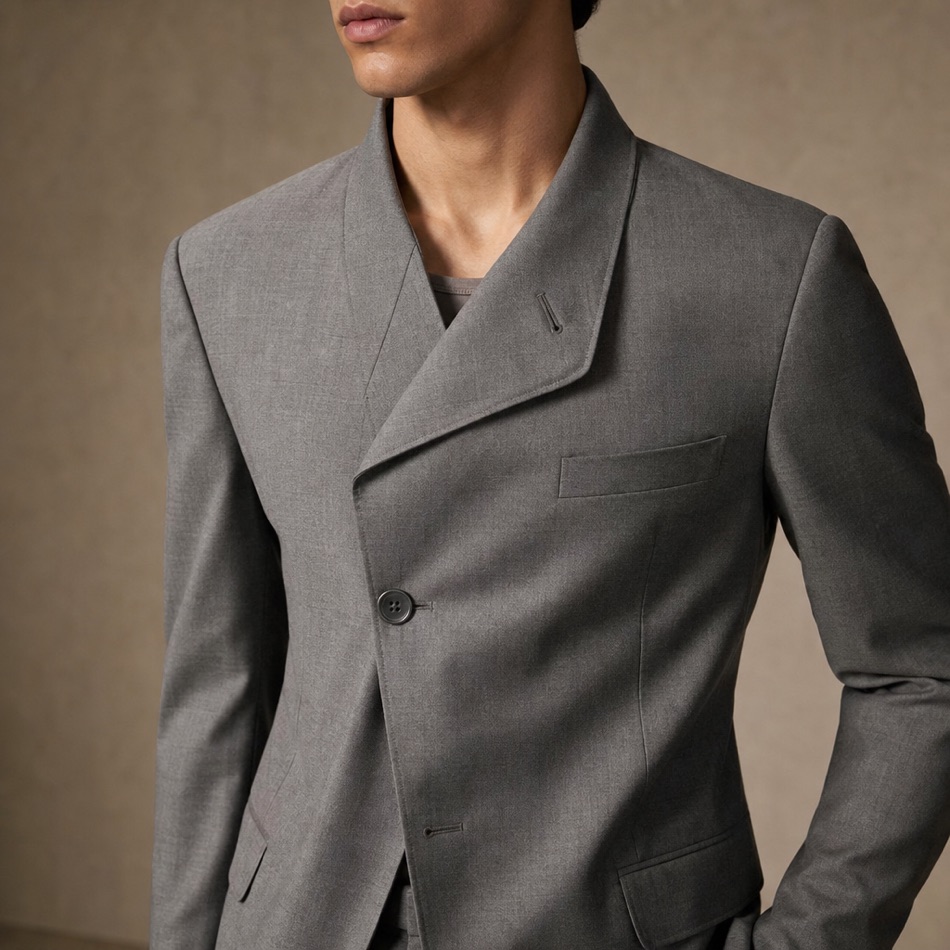 Light Grey Slim Wool Suit — lapel and collar detail