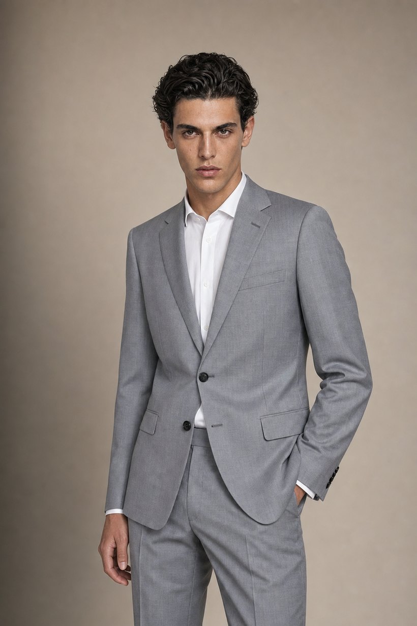 Light Grey Two-Button Notch-Lapel Slim Suit — front styling