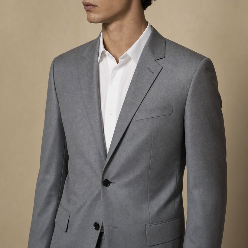 Light Grey Two-Button Notch-Lapel Slim Suit — lapel and collar detail