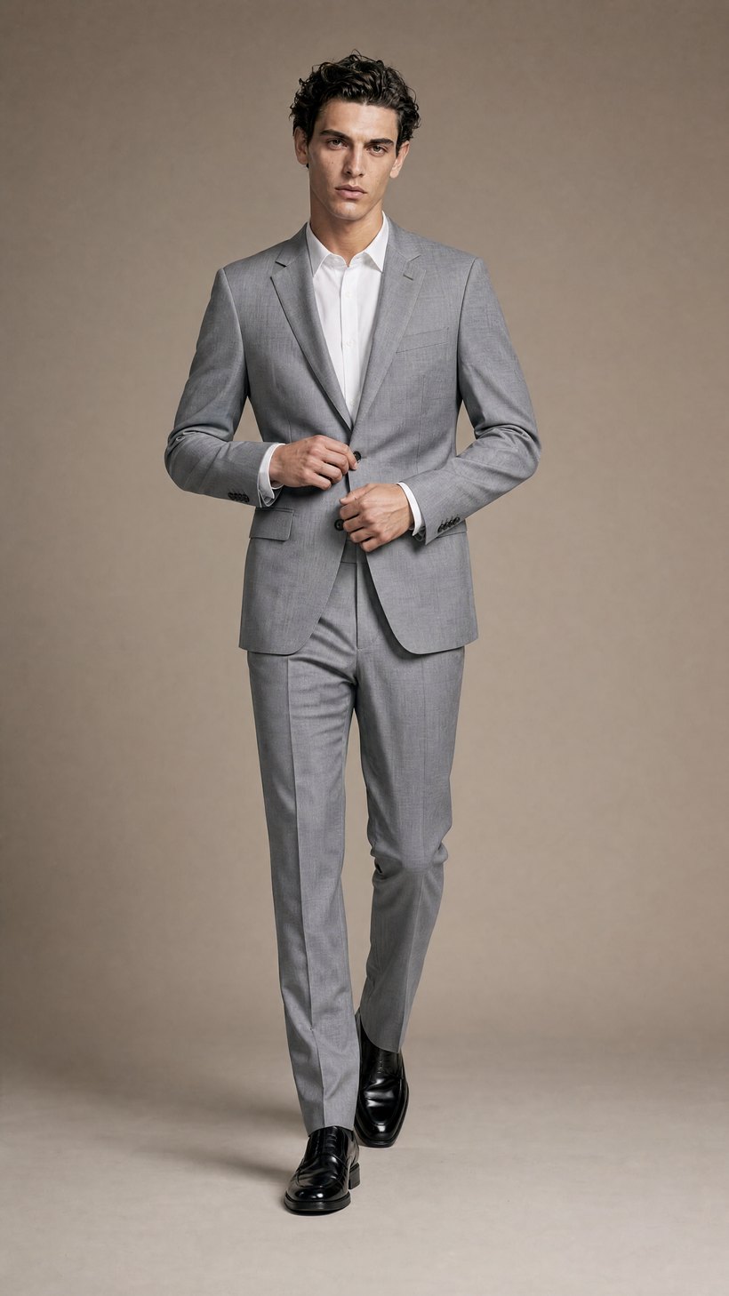 Light Grey Two-Button Notch-Lapel Slim Suit — construction detail