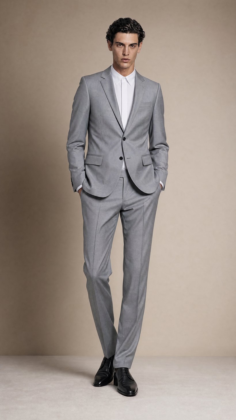 Light Grey Two-Button Notch-Lapel Slim Suit — Smooth fine plain-weave Biella-mill wool