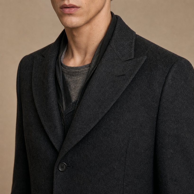 Long Dark Grey Overcoat — lapel and collar detail