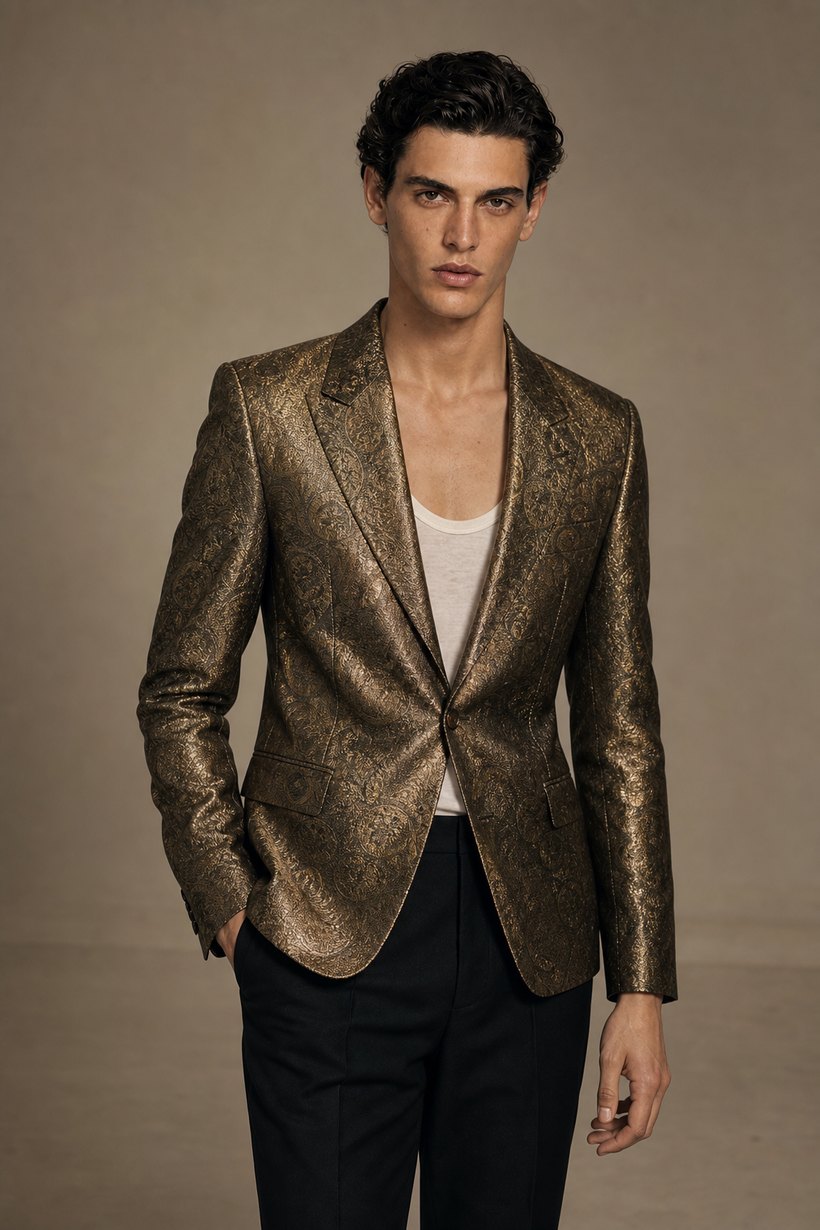 Metallic Gold Brocade Statement Jacket — front styling