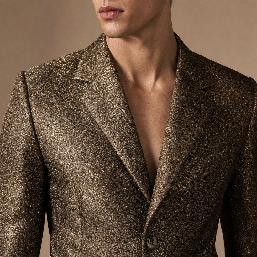 Metallic Gold Brocade Statement Jacket — lapel and collar detail