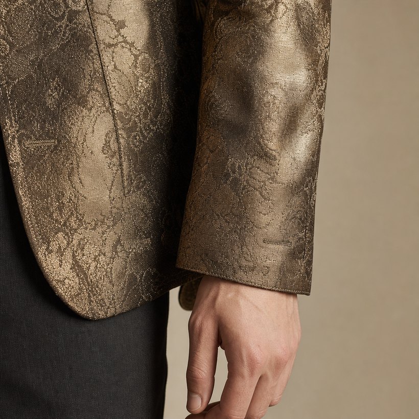 Metallic Gold Brocade Statement Jacket — fabric close-up