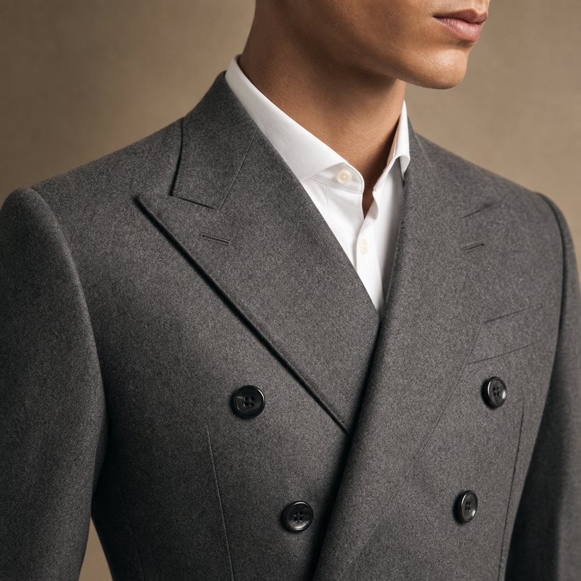 Mid-Grey Double-Breasted Peak-Lapel Suit — lapel and collar detail