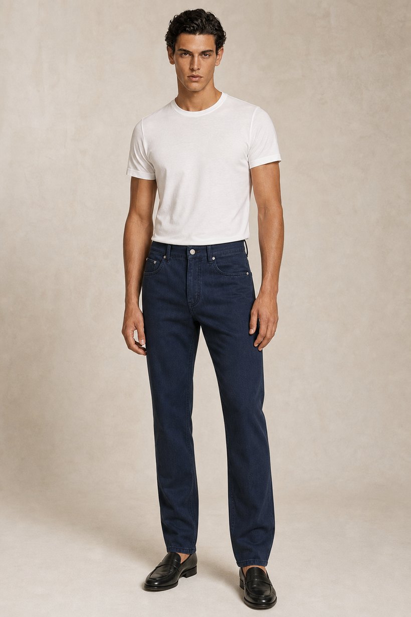 Navy Cotton-Viscose Trousers — lapel and collar detail