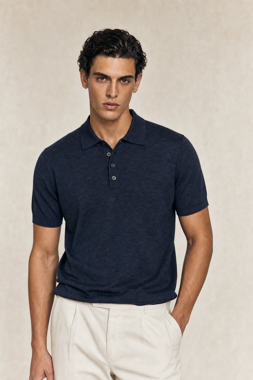 Navy Linen-Cotton T-Shirt — front styling