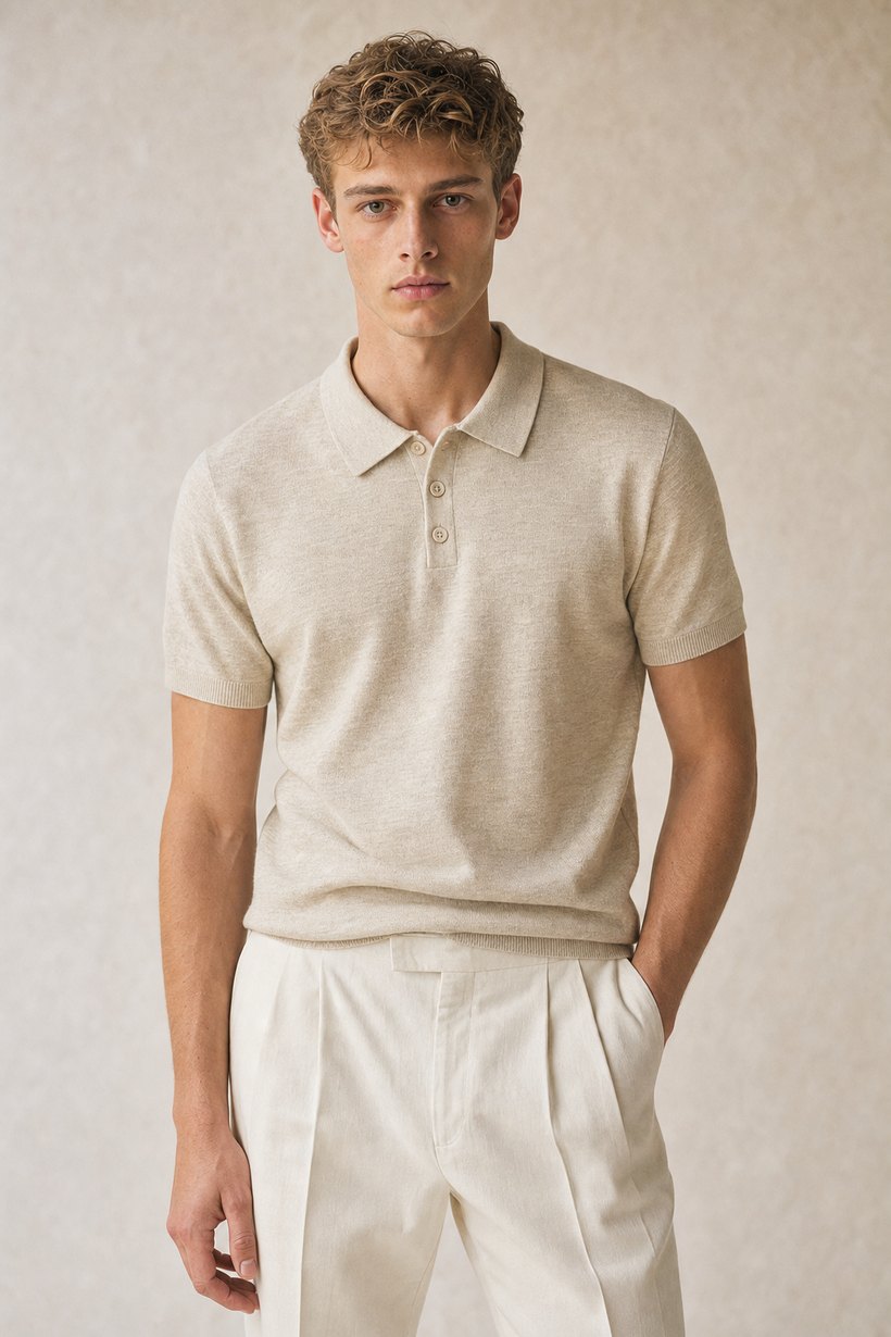 Navy Linen-Cotton T-Shirt — lapel and collar detail