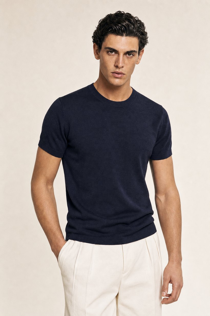 Navy Linen-Cotton T-Shirt — front styling