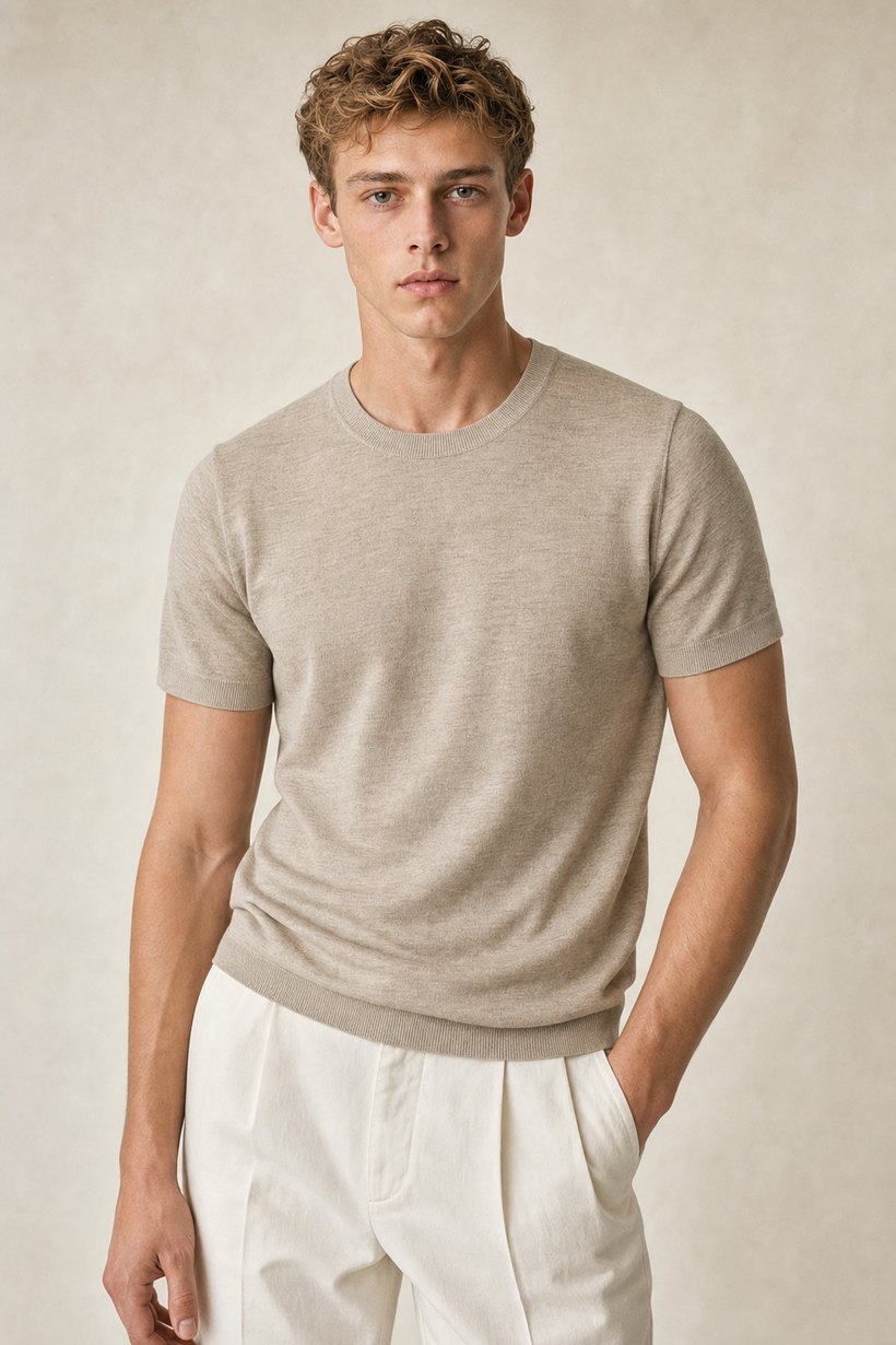 Navy Linen-Cotton T-Shirt — lapel and collar detail