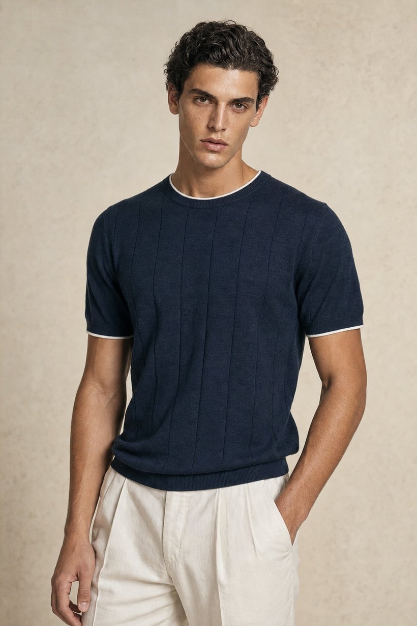 Navy Linen-Cotton T-Shirt — front styling
