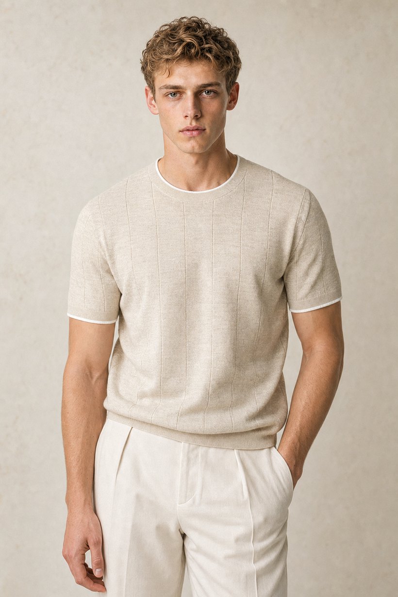 Navy Linen-Cotton T-Shirt — lapel and collar detail