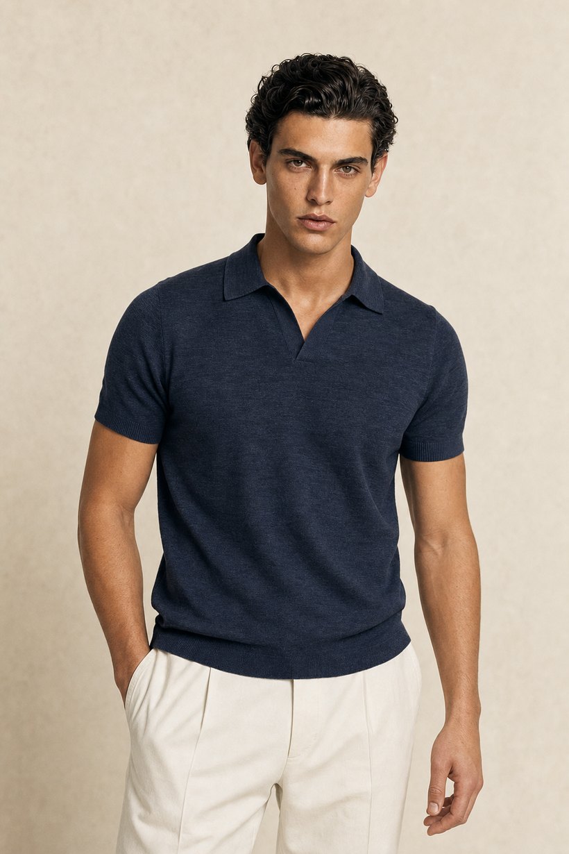 Navy Linen-Cotton T-Shirt — front styling