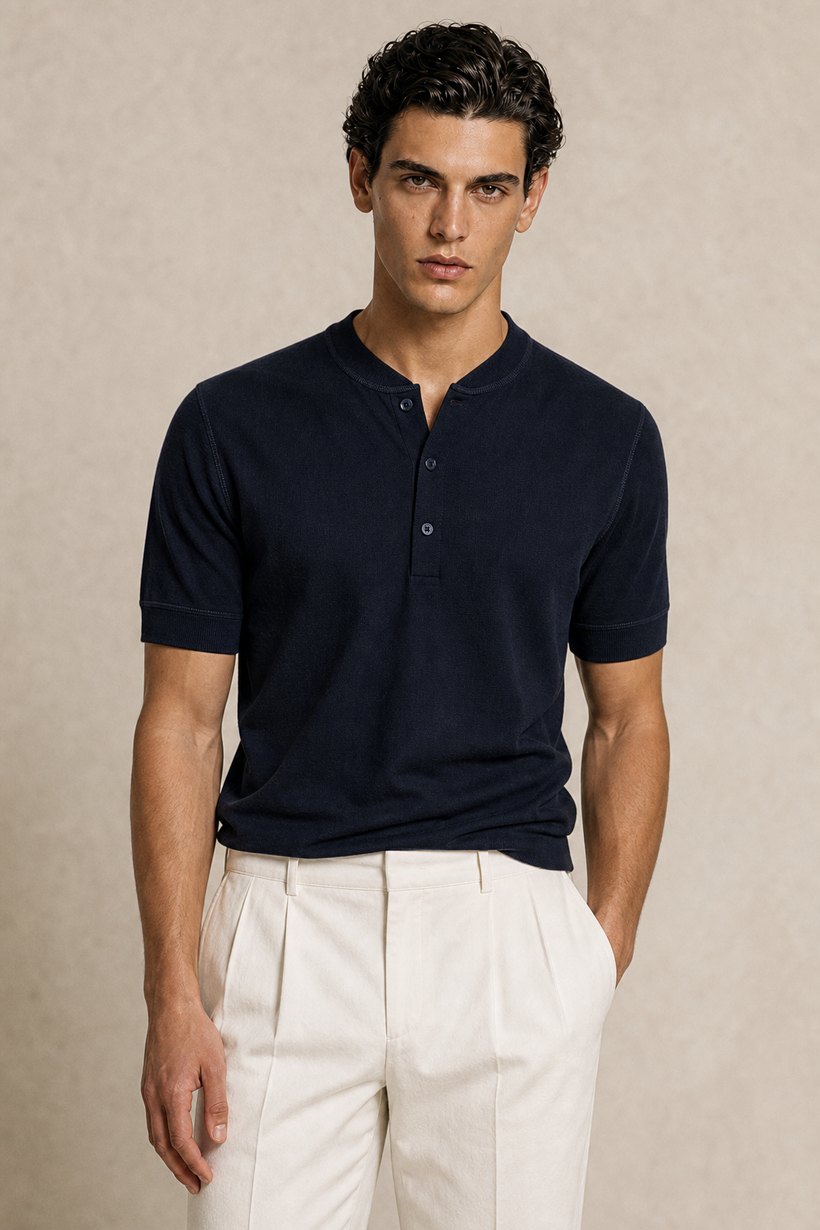 Navy Linen-Lyocell T-Shirt — front styling