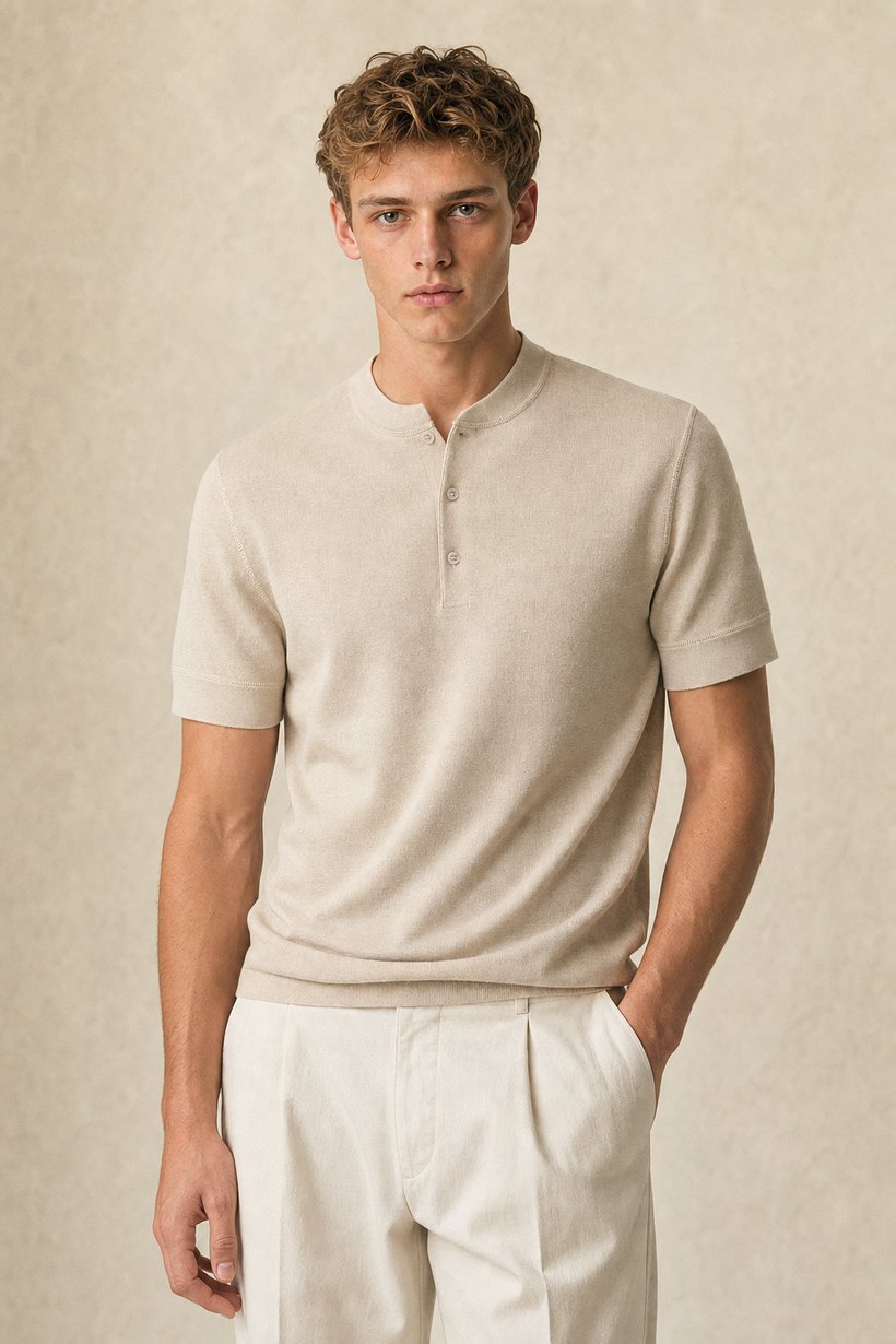 Navy Linen-Lyocell T-Shirt — lapel and collar detail