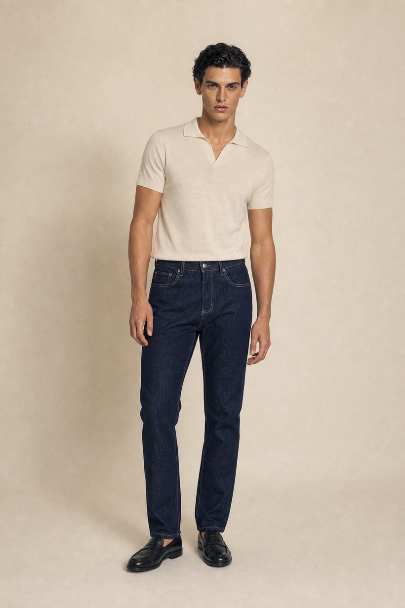 Navy Lyocell-Polyester Trousers — lapel and collar detail
