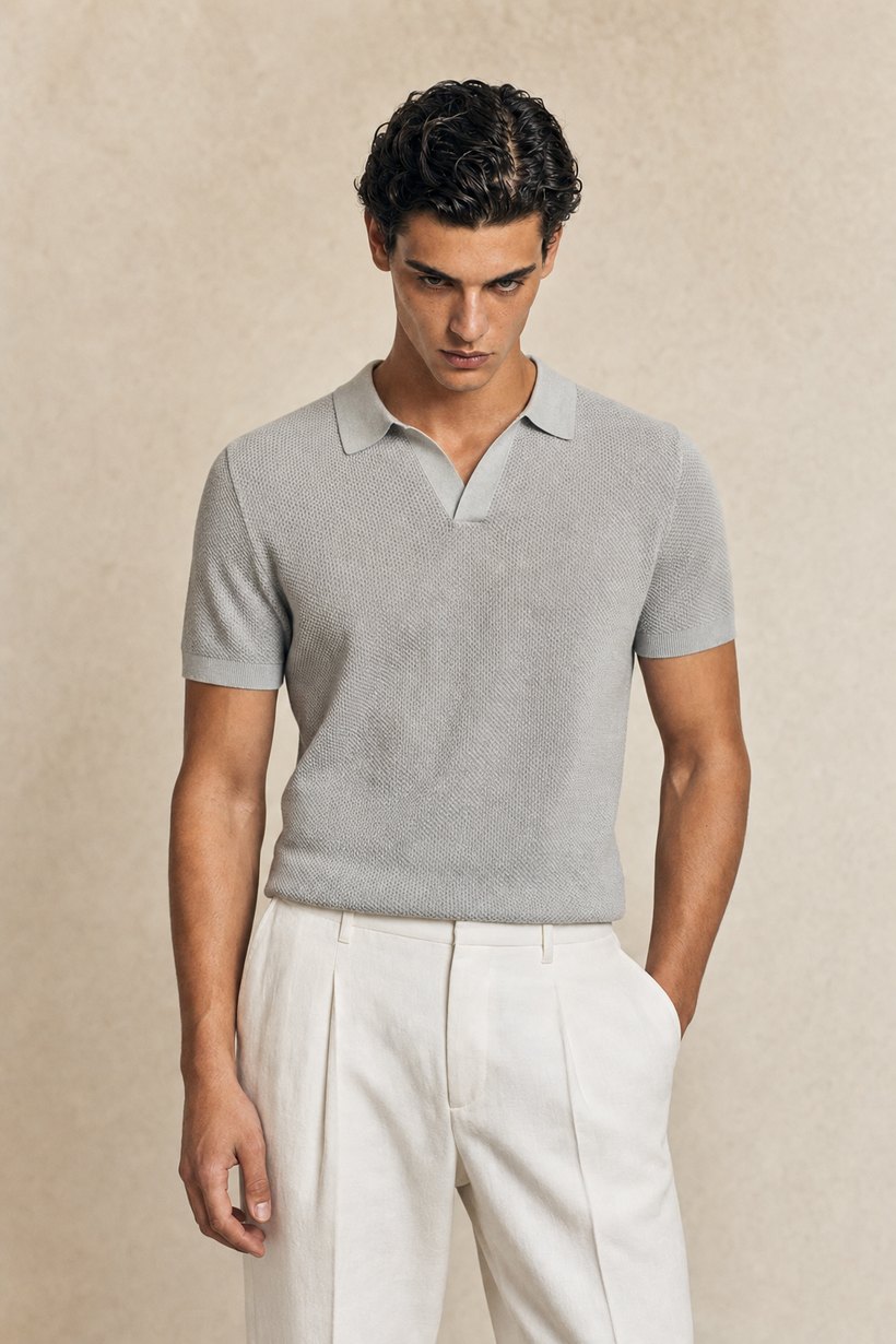 Navy Silk-Linen T-Shirt — lapel and collar detail