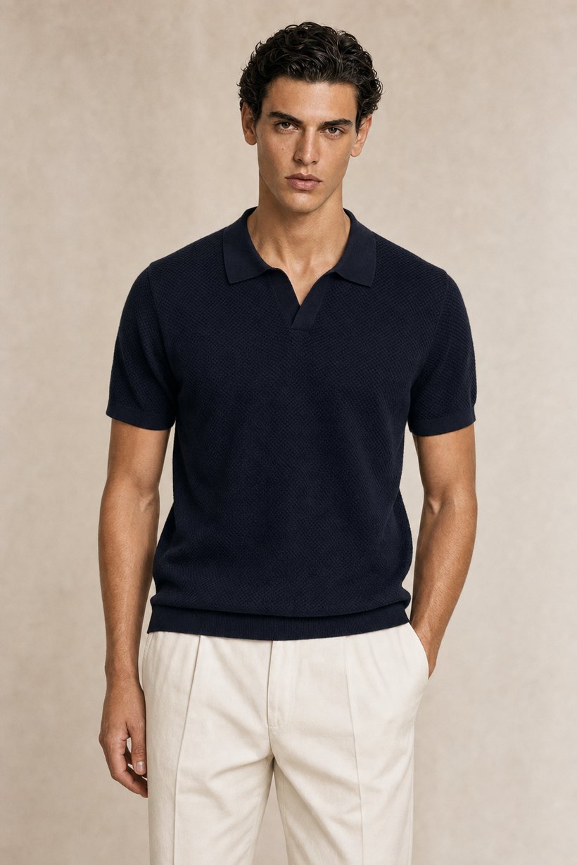 Navy Silk-Linen T-Shirt — fabric close-up